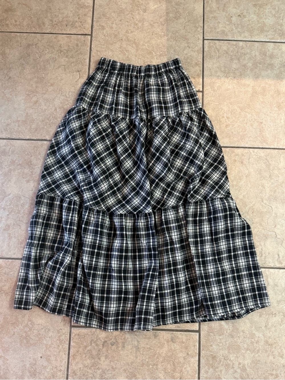 Black and White Plaid Tiered Maxi Skirt with Pockets